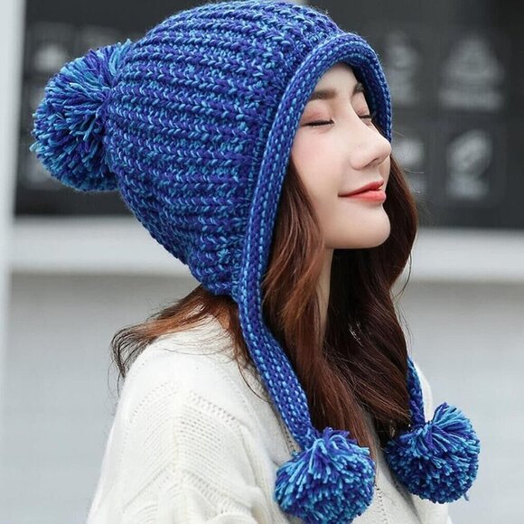 Women Blue Winter Peruvian Cover Ears Beanie Hat Ear Flaps Sherpa Snow main image 4